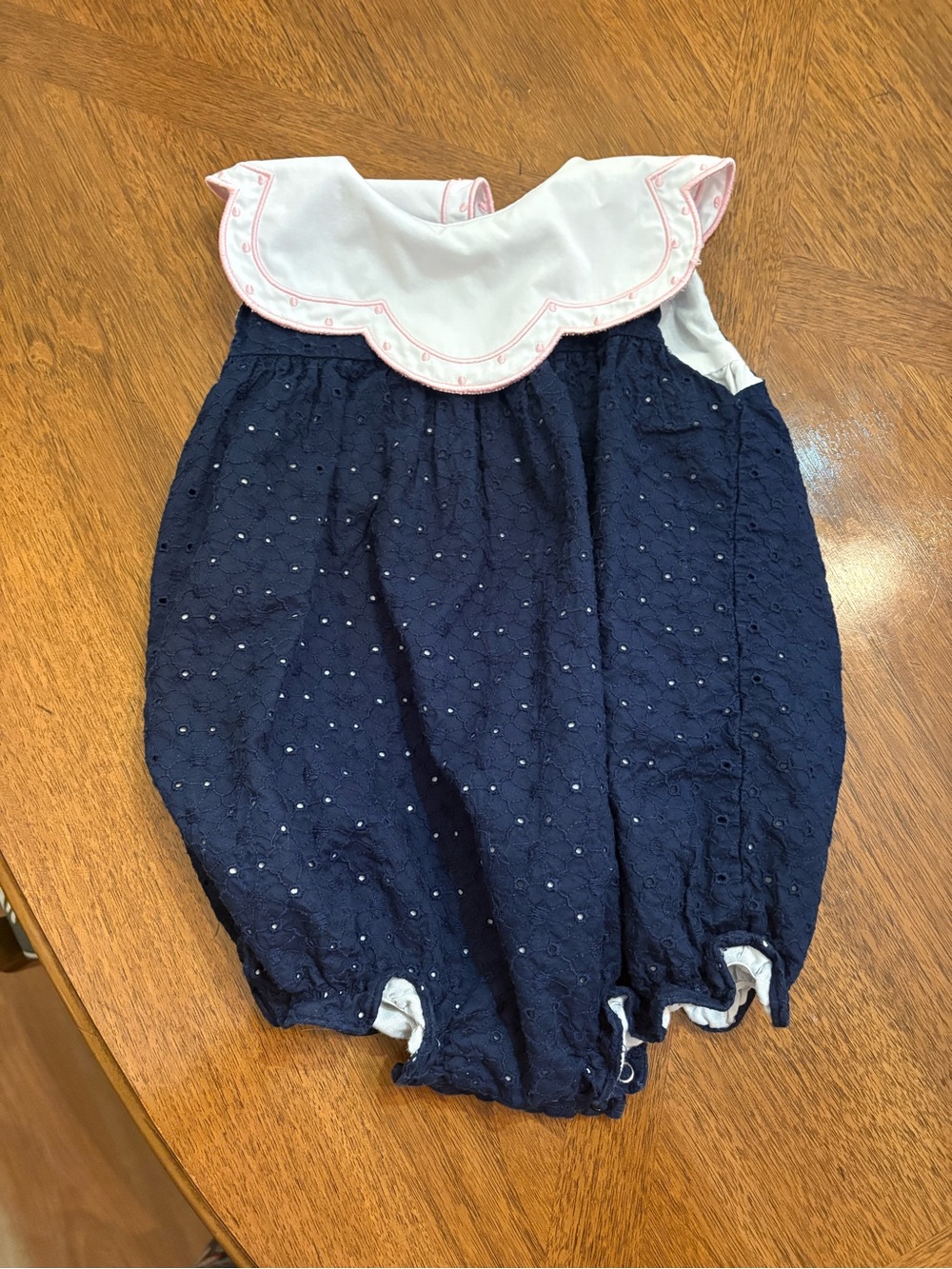 Navy Eyelet One-Piece Romper with White Scallop Collar